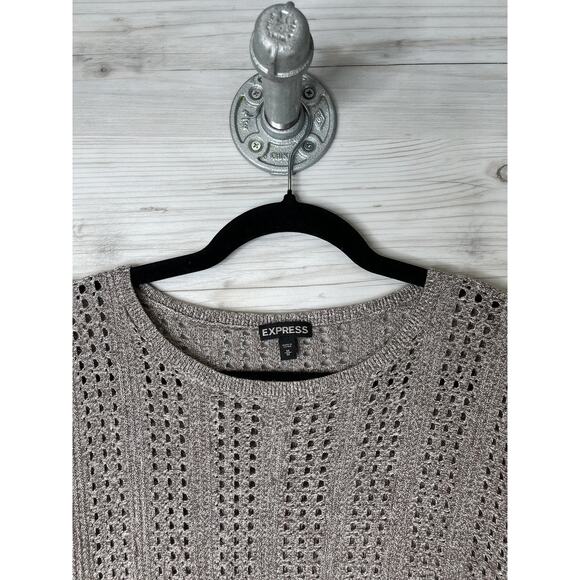 Express Sweater Womens Medium Taupe Open Knit 3/4 Sleeve High Low Hem Rayon - Picture 2 of 8
